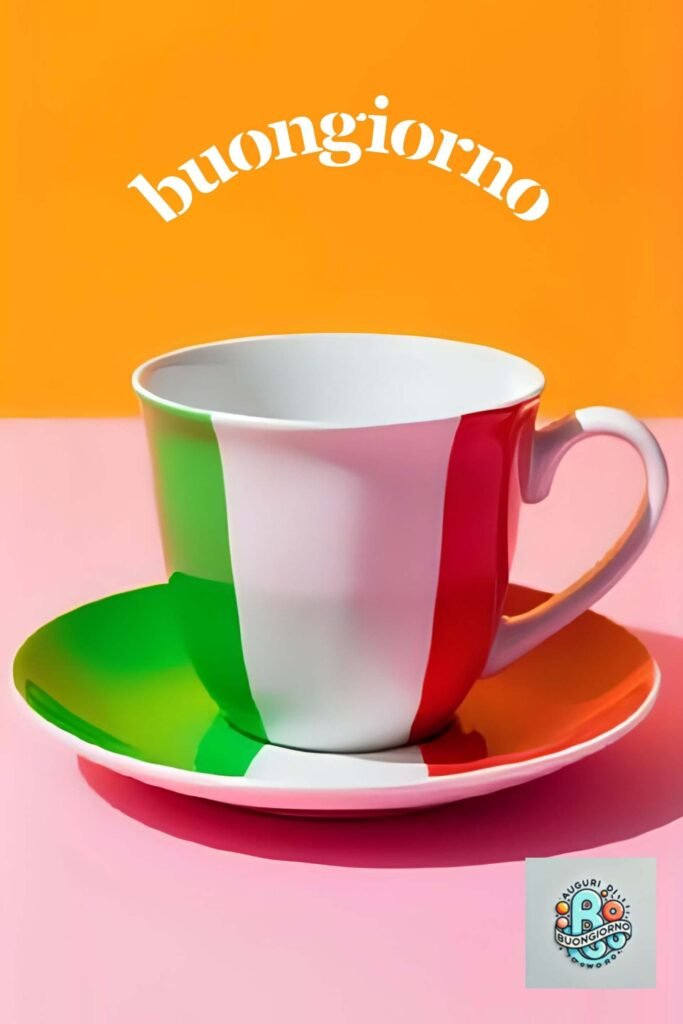 Una tazza con i colori della bandiera italiana su sfondo colorato, celebrando il Giorno della Liberazione, simbolo di speranza, resistenza e libertà per l'Italia