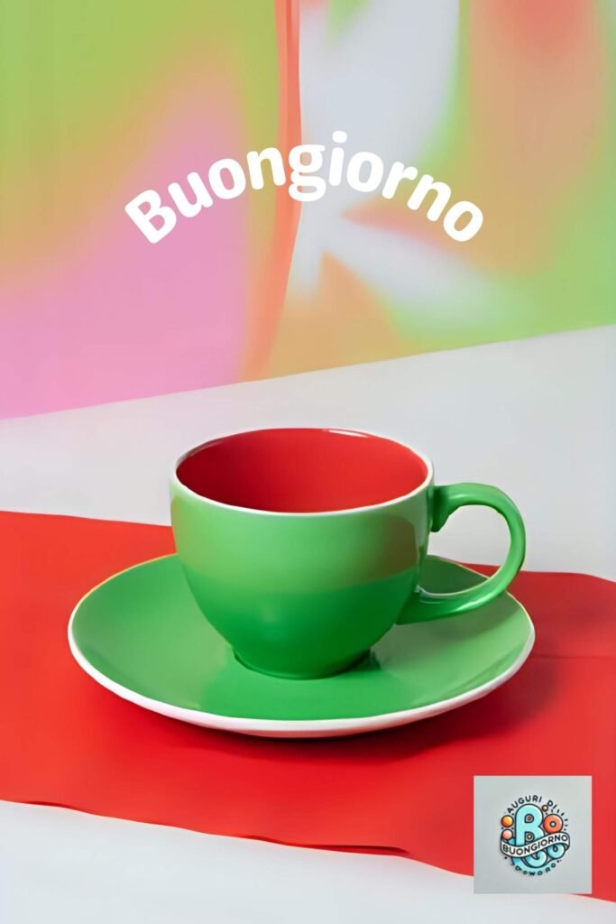 Tazza verde con piattino rosso, evocando l'energia della libertà e del Giorno della Liberazione, una celebrazione di democrazia e giustizia.