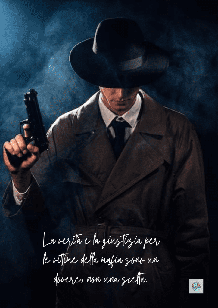 Un uomo vestito con un impermeabile e un cappello a cilindro tiene una pistola in un ambiente fumoso, rappresentando la lotta contro il crimine organizzato. L'immagine enfatizza la battaglia per la giustizia.