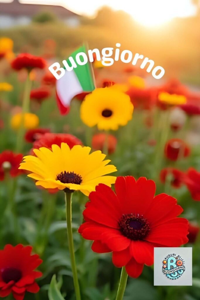Una bandiera italiana tra fiori colorati, simboleggiando l’unità, la speranza e il rispetto reciproco. Un gesto di festa e orgoglio nazionale.