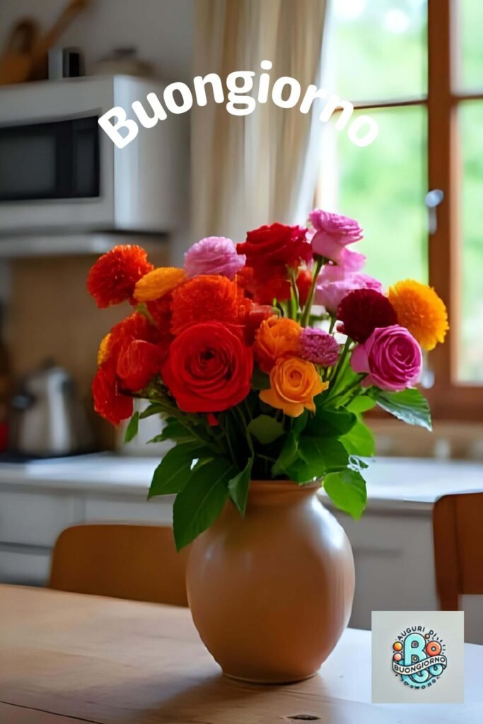 Un mazzo di fiori colorati in una casa, simbolo di bellezza e serenità. Un messaggio di positività e gratitudine per le piccole cose della vita