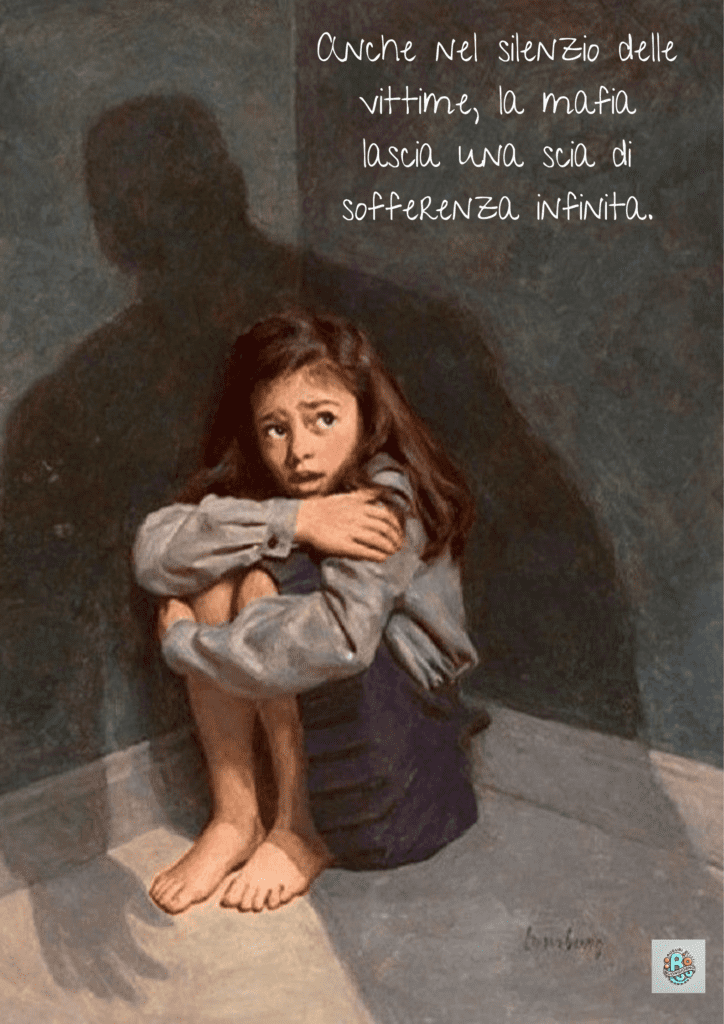 Una giovane ragazza seduta in un angolo, abbracciando le ginocchia, con l'ombra di una figura minacciosa sul muro. L'immagine riflette l'innocenza perduta a causa della violenza mafiosa.