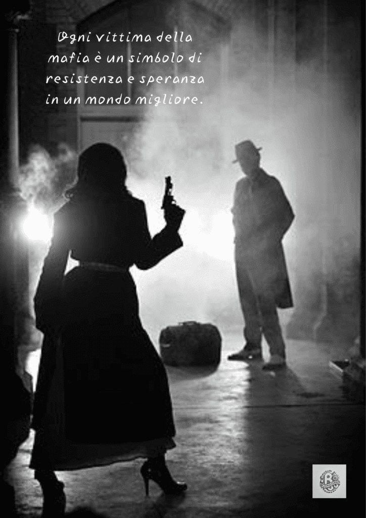 Un uomo con un cappello a cilindro cammina lungo una strada deserta, con l'atmosfera carica di minaccia. L'immagine evoca il coraggio e la determinazione delle vittime nella lotta per la giustizia e la libertà.