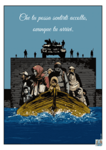 rifugiati-su-una-barca-che-si-avvicinano-al-porto-con-soldati-in-attesa-simbolo-di-accoglienza-e-memoria-nella-giornata-nazionale-in-memoria-delle-vittime-dell-immigrazione