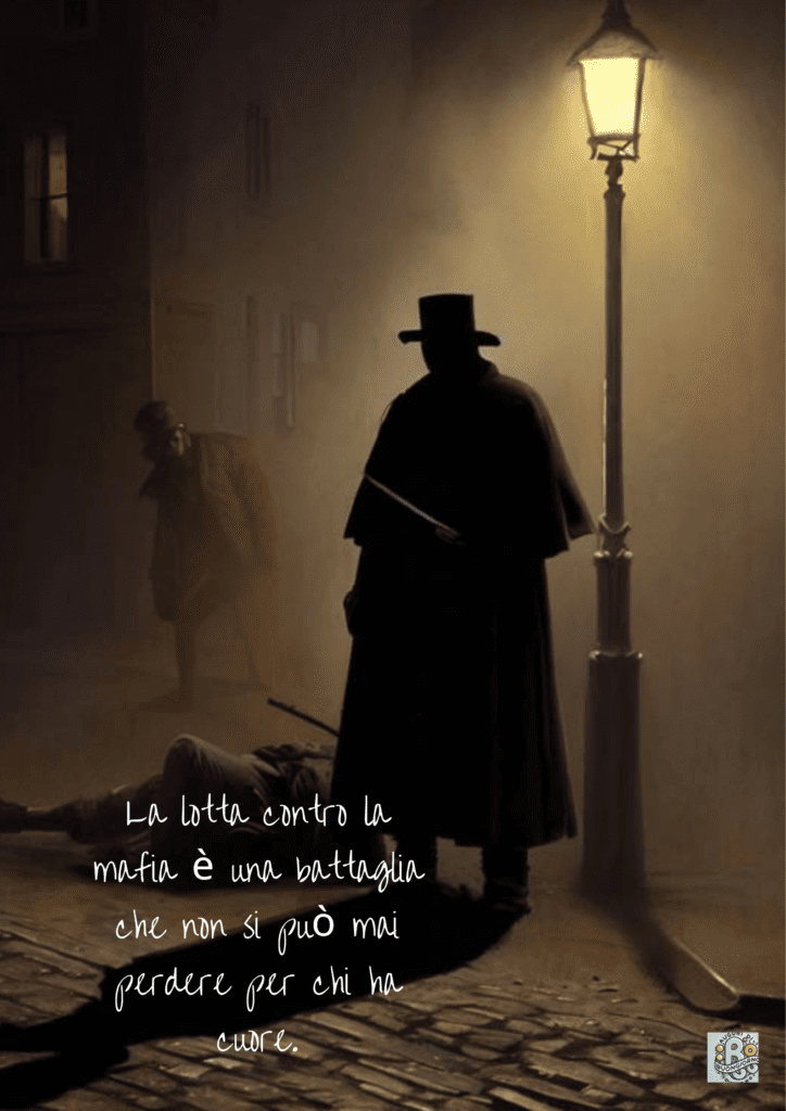 Una figura misteriosa cammina solitaria in un vicolo buio, con un'atmosfera di tensione e pericolo. Il contrasto tra l'oscurità e la luce simboleggia la lotta contro il crimine organizzato.