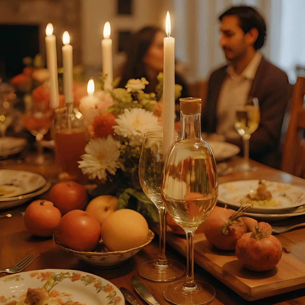 Cena-festiva-con-tavola-decorata-durante-una-celebrazione-familiare-con-il-testo-Altre-Celebrazioni-per-celebrare-la-compagnia-e-l'amicizia.