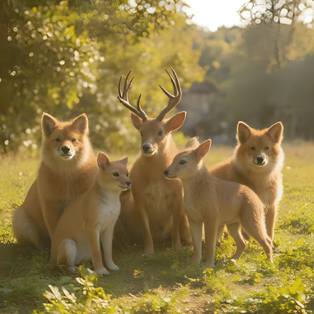 Gruppo-di-cani-e-cervo-in-un-campo-soleggiato-durante-il-Giorno-della-Festa-dei-Nonni-con-il-testo-Altre-Celebrazioni-riguardanti-la-natura-e-la-vita