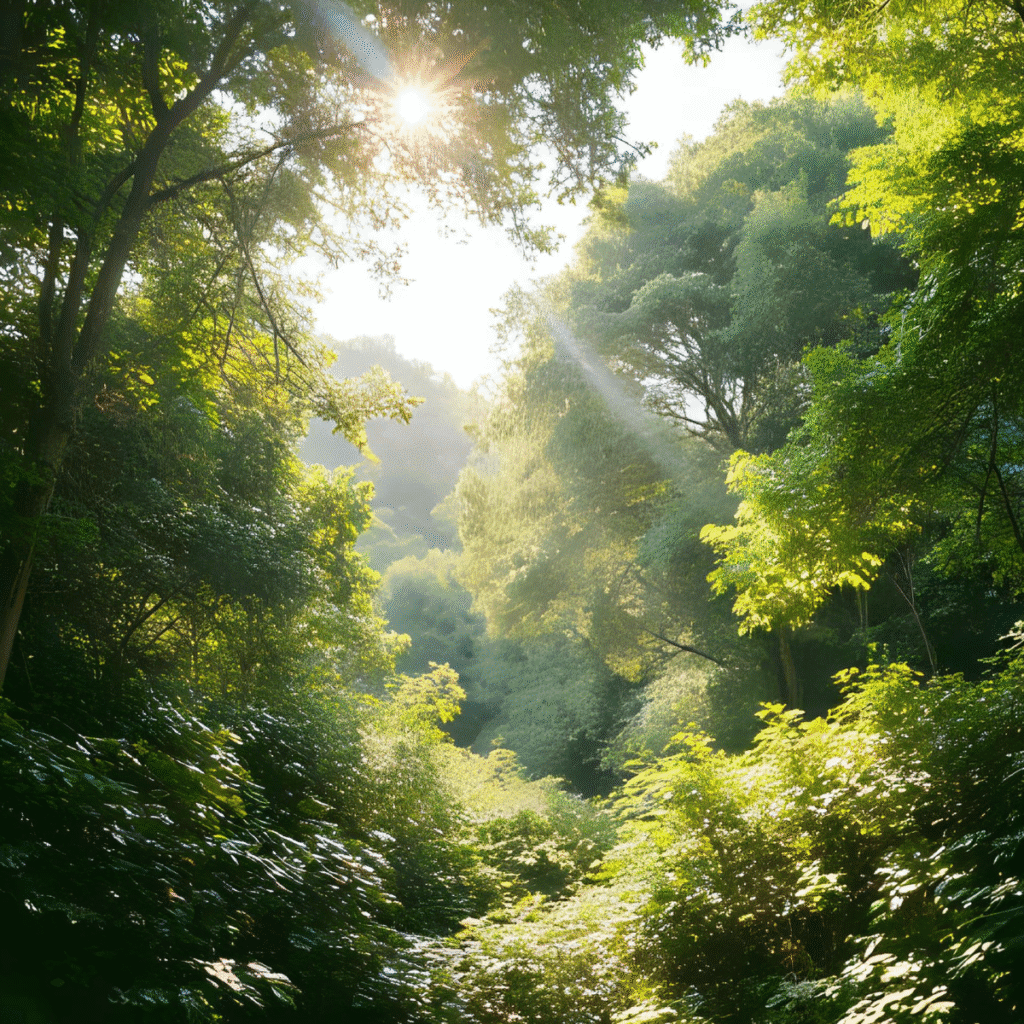 Paesaggio-boschivo-con-luce-solare-che-filtra-tra-gli-alberi-con-il-testo-Altre-Celebrazioni-della-natura-per-celebrare-la-pace-interiore.