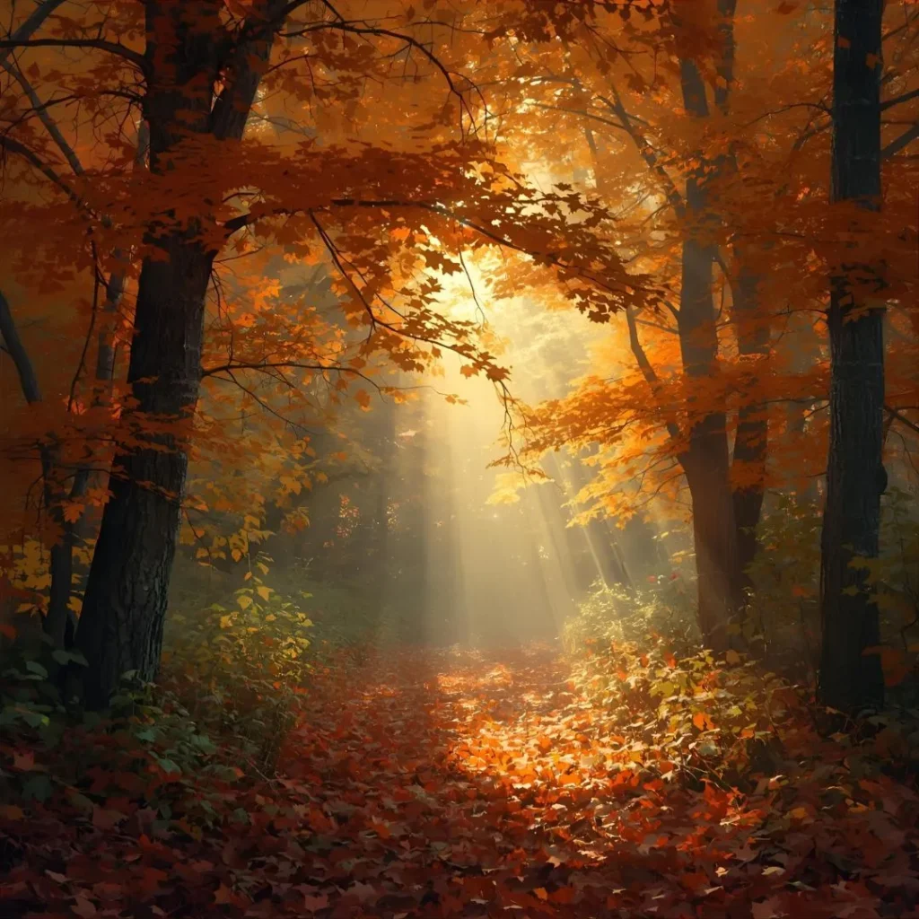 Un sentiero nel bosco coperto di foglie autunnali, con la luce che filtra tra gli alberi e crea un'atmosfera calda e dorata. Saluti del Mattino.