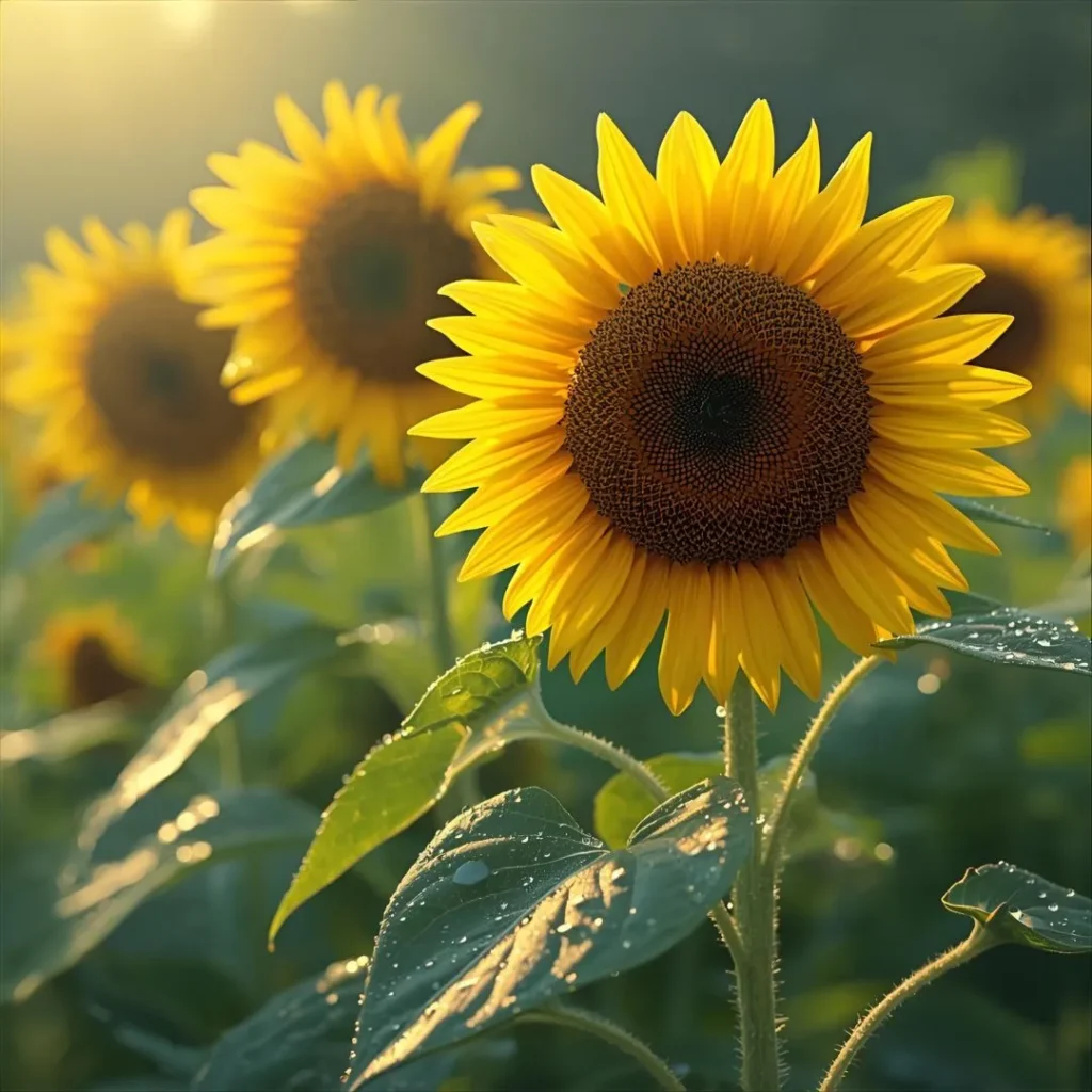 Il sole che illumina un campo di girasoli, con fiori gialli che brillano sotto la luce estiva. Saluti del Mattino.