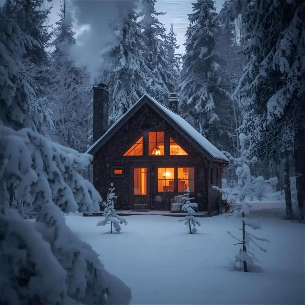 Una casa accogliente nel paesaggio innevato, con fumo che esce dal camino in un'atmosfera invernale calda e serena. Saluti del Mattino.