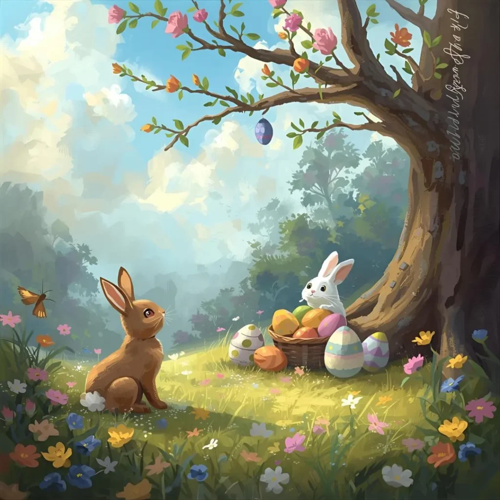 Coniglietti e uova colorate sotto un albero in fiore, con una scena luminosa e primaverile che celebra la Pasqua. Saluti del Mattino.