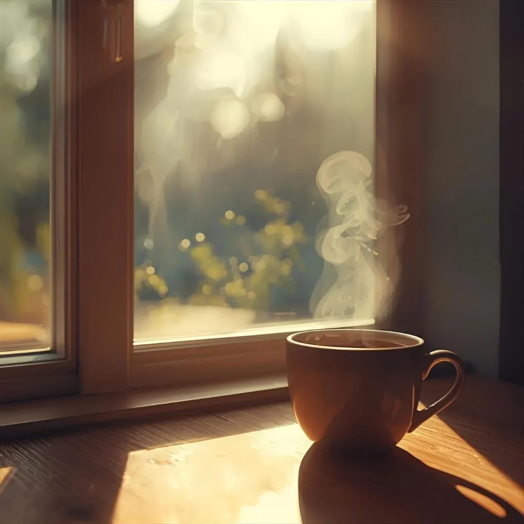 Una tazza di caffè fumante su un tavolo di legno con la luce del mattino che entra dalla finestra. Saluti del Mattino.