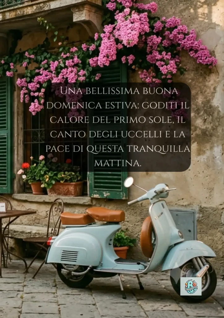 Buona-Domenica-Vespa-vintage-azzurra-fiori-di-bouganville-rosa-e-strada-in-pietra