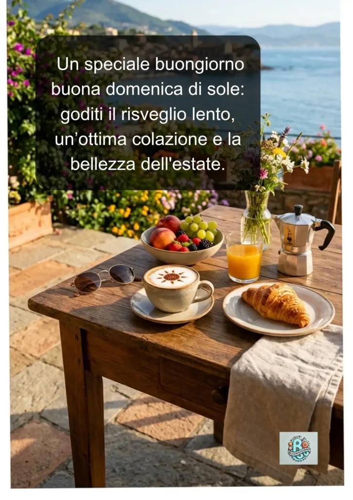 Colazione estiva su una terrazza vista mare con cappuccino, moka, cornetto e fiori freschi, con la scritta: Un speciale buongiorno buona domenica di sole