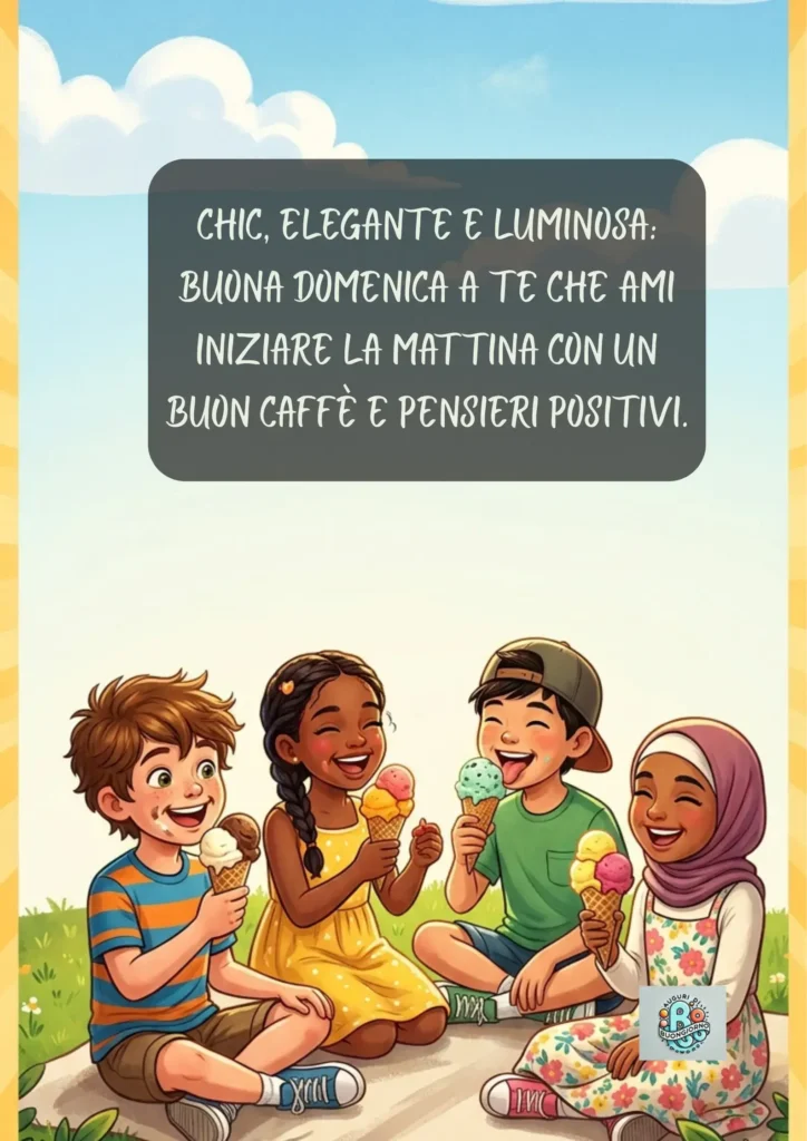 Bambini felici seduti all'aperto che leggono sotto il sole estivo, con la scritta: Chic, elegante e luminosa buona domenica