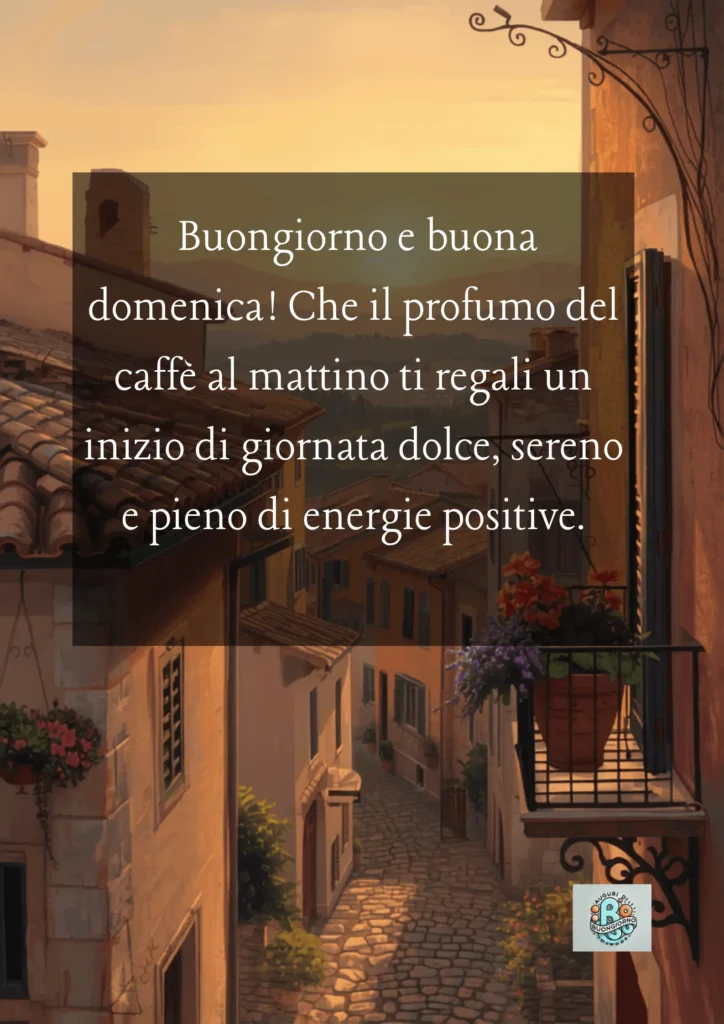 Buona-Domenica-vicolo-italiano-al-mattino-luce-dorata-e-balconi-fioriti