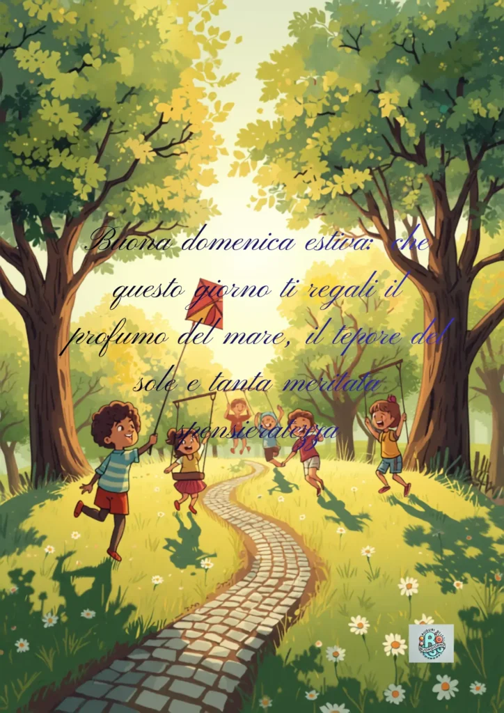 Buona-Domenica-illustrazione-bambini-che-giocano-allaperto-alberi-e-aquilone