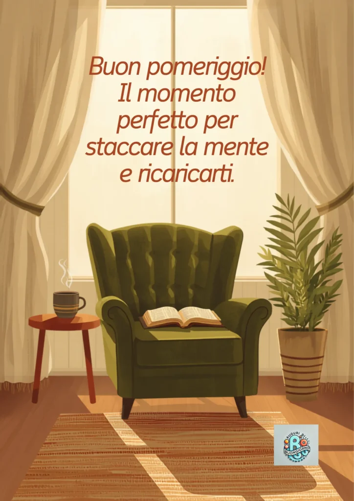 Poltrona verde con libro aperto vicino a finestra luminosa - Buon Pomeriggio"