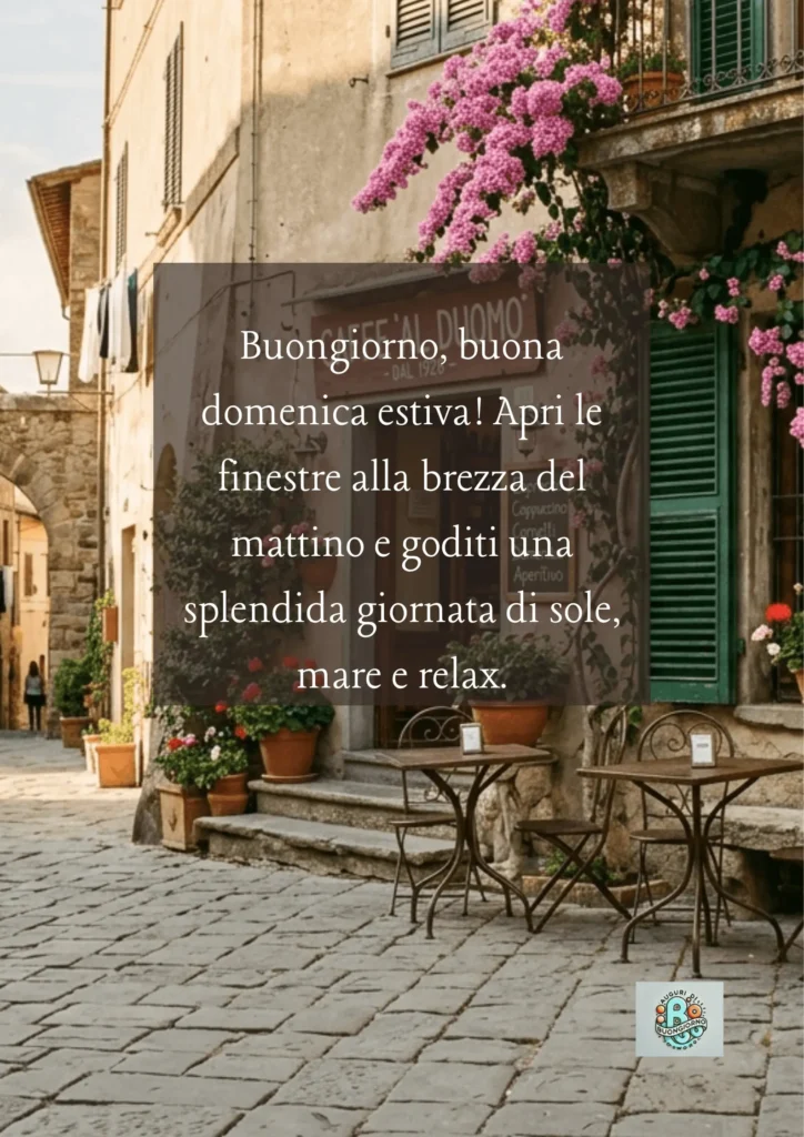 Tavolo in legno all'aperto circondato da piante e luce del mattino, con la scritta: Buongiorno, buona domenica estiva! Apri le finestre...
