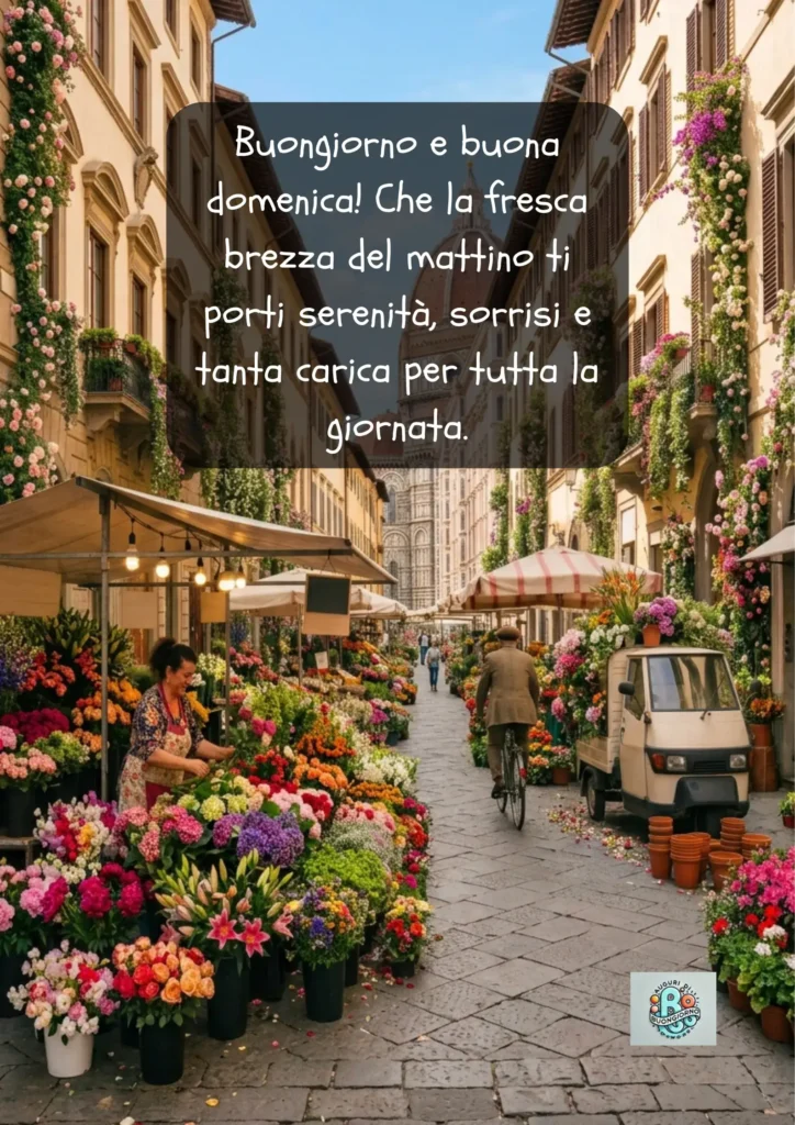 Vicolo italiano fiorito con una Vespa d'epoca e tavolino all'aperto, con la scritta: Buongiorno e buona domenica! Che la fresca brezza del mattino...