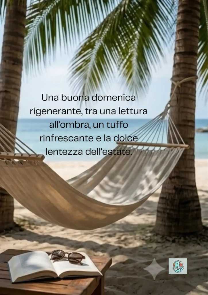 Buona-Domenica-amaca-tra-palme-libro-aperto-e-occhiali-da-sole-sulla-spiaggia