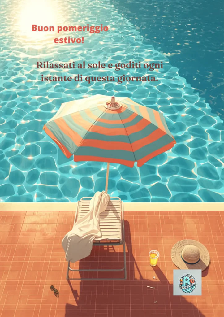 Ombrellone a righe accanto a piscina azzurra - Buon Pomeriggio Estivo