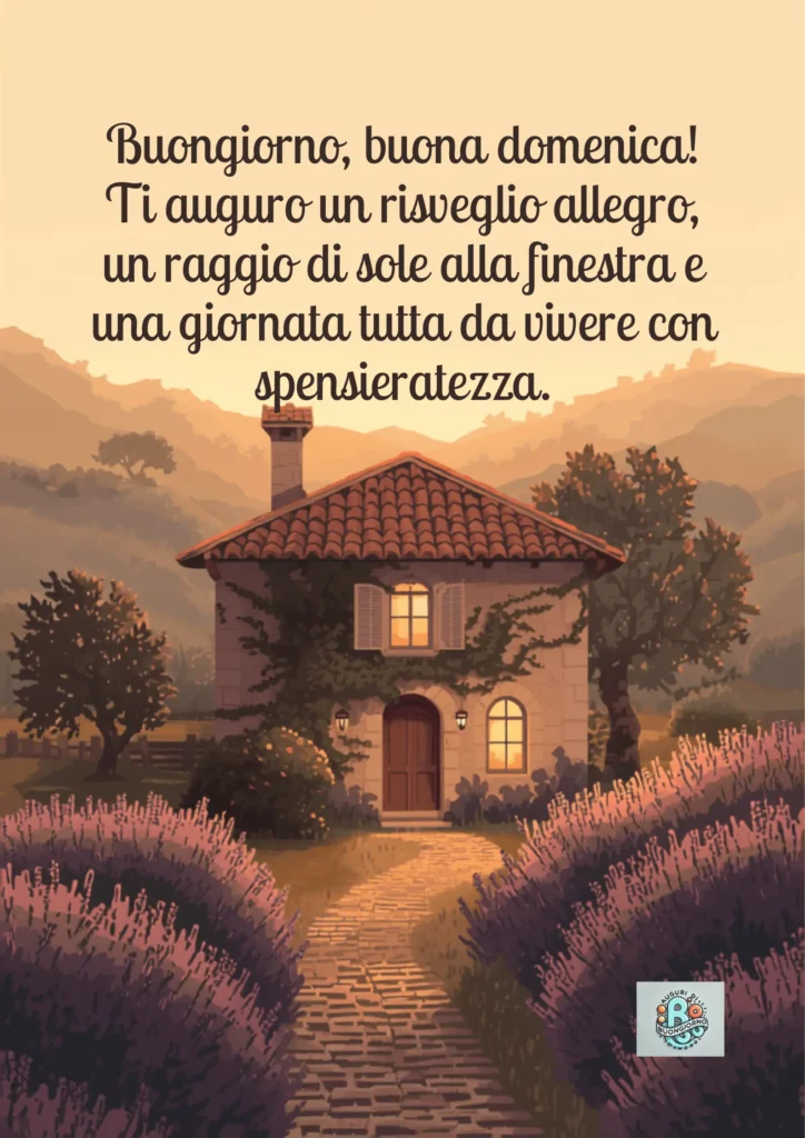 Casa di campagna immersa nel verde sotto un cielo caldo al tramonto, con la scritta: Buongiorno, buona domenica! Ti auguro un risveglio allegro...